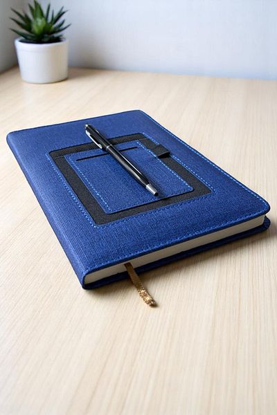 Nesnel Gift Термо кожен син модерен дневник с портфейл и държач за химикалки - черен сензорен химикал и метален химикал подарък