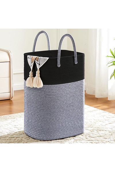 COOYA 60L Woven Cotton Rope Laundry Basket, for Dirty Clothes, Blankets in Bathroom, Living Room(Black)