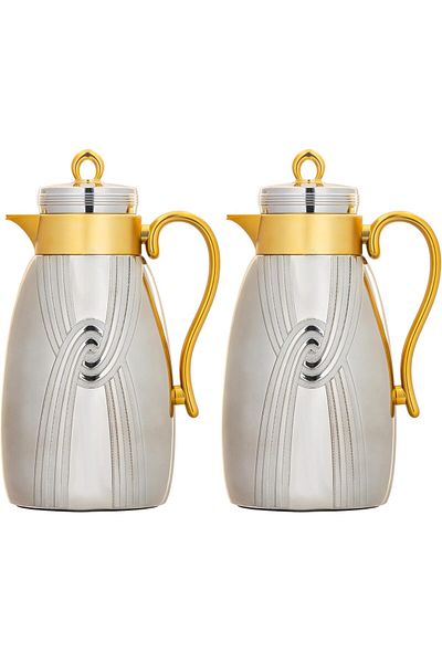 ALSAIF Coffee And Tea Vaccum Flask Set In Matt Nickel/gold / Leak-proof And Keeps Drinks Hot 1.0/1.0 Liter