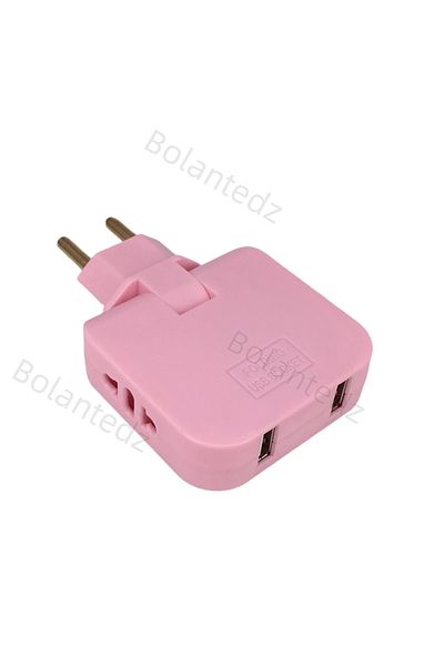 Bolantedz With 2 USB Pink 2 USB 3 in 1 EU Power Socket Plug Adapter Foldable US To EU Travel Aadapters Power C