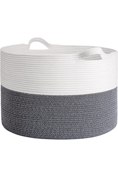 COOYA Laundry Basket, Large Cotton Rope Basket 55 x 55 x 35cm with Handle Comforter Storage Hamper, Gray