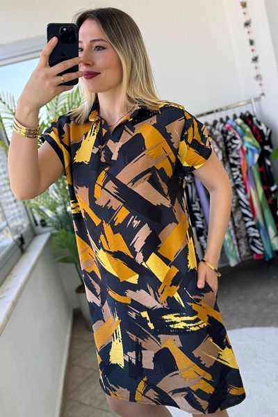 KUBOS MODA Shoulder Draped Polo Neck U Pattern Brush Black Knee Length Dress