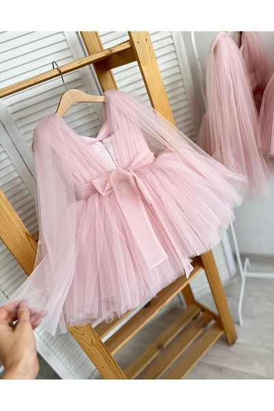 Asel Kids Girl's Powder Cloak Sleeve Detailed Evening Dress