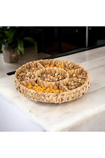 ALLEGRI Wicker Banana Wood 5 Compartment Round Snack Bowl Nuts Holder Present...