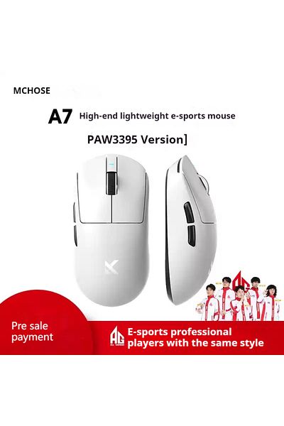 Choice ماوس أبيض Pre MCHOSE A7 Ultra للألعاب الرياضية الإلكترونية بثلاثة أوضاع احترافية لاسلكية وبلوتوث PAW3395 خفيف الوزن