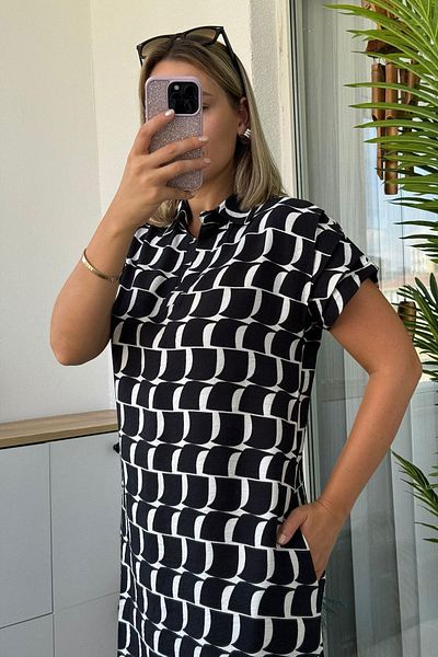 KUBOS MODA Shoulder Draped Polo Neck U Pattern Wavy Black Knee Length Dress