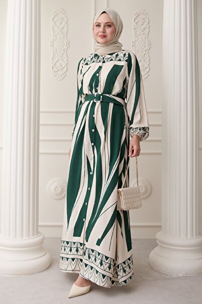 InStyle Patterned Belted Emerald Green Viscose Dress