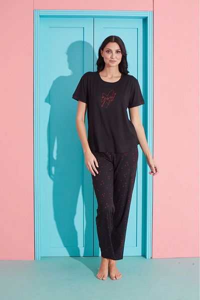 Pijamoni Milan Fabric Heart Patterned Black Pajama Set - 7605
