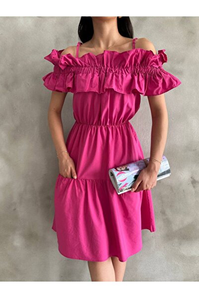 LE CARAMBOLE Women's Fuchsia Ruffled Madonna Collar Pocket Detailed Short Summer Dress
