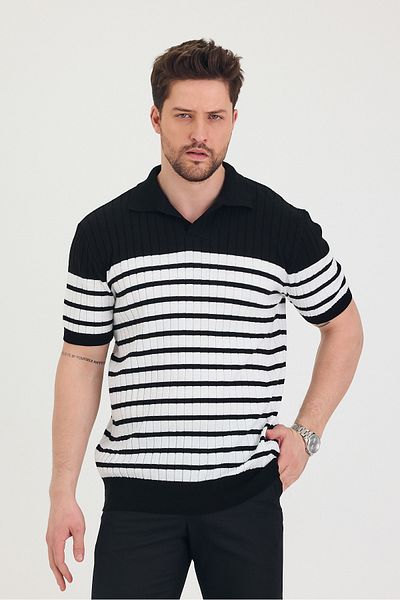 COOL TARZ Ανδρικό μπλουζάκι Polo Neck Λευκή Γραμμή Λεπτομερές Μαύρο Πλεκτό