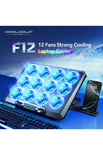 Choice وسادة تبريد كمبيوتر محمول COOLCOLD سوداء اللون مزودة بـ 12 مروحة هادئة، وحامل تبريد لأجهزة الكمبيوتر المحمولة للألعاب مقاس 12-17.3 بوصة مع مروحتين