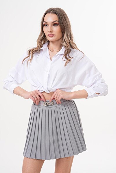 Flame İstanbul Butik تنورة رمادية صغيرة بطيات بحزام - KED1001