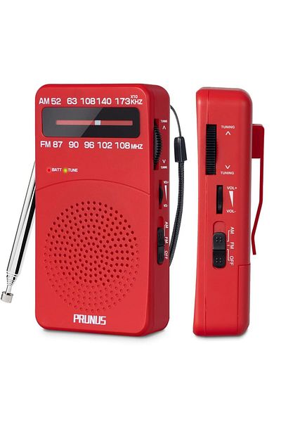 Choice3 Red J-166 Portable Radio AM FM, Battery Operated Radio with Tuning Light, Back Clip, Excellent Recep