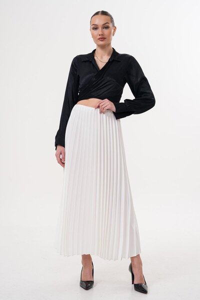 Flame İstanbul Butik Fusta albă din satin plisat cu talie elastică - SRP9438