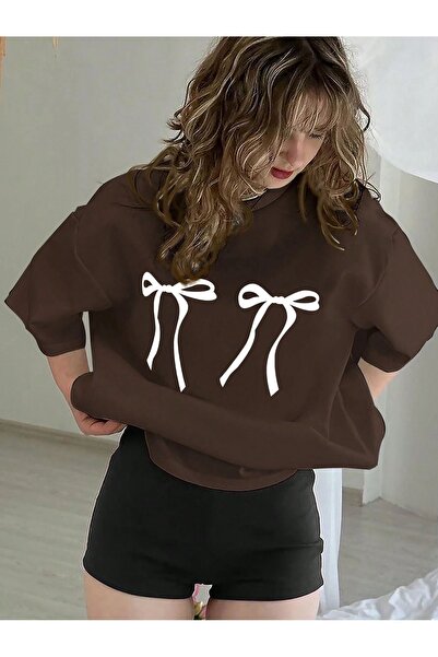 SeusCraft Tricou cu panglici - Tricou supradimensionat cu imprimeu maro, cu m...