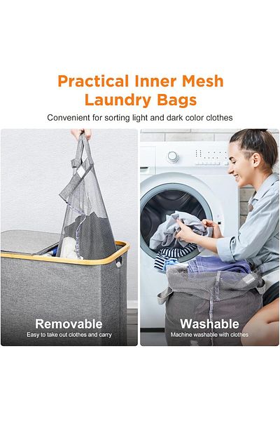 COOYA 150L Large Foldable Dirty Clothes Laundry Basket,with Lid,2 Removable Inner Bags,for Laundry Room
