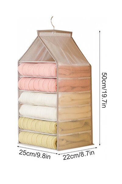 Yelajoy 6-layer hanging wardrobe storage box, large capacity, foldable, easy to clean, with hooks, warm gray