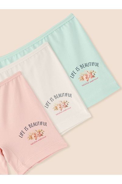 natuline Girl's Organic Cotton Lycra Boxer Life Is Beautiful 3 Pack