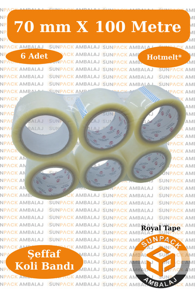 Royal Tape Koli Bandı 70mm X 100m Hotmelt Şeffaf (6 ADET) - Güçlü Yapışkanlı ...