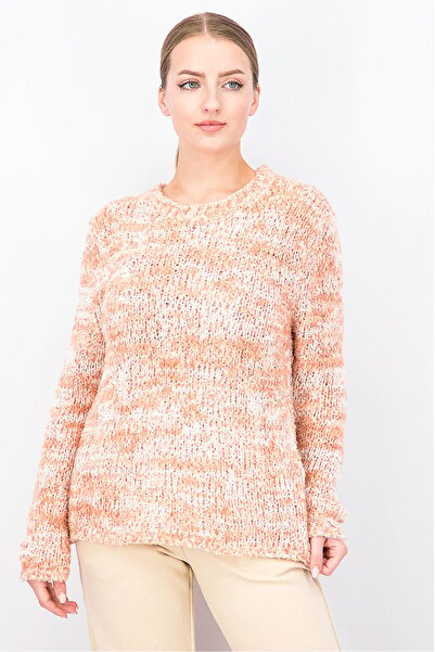 Uterqüe Women Crew Neck Textured Sweater, Coral and Off White