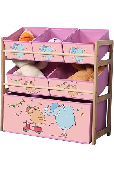 Yelajoy Solid Wood Toy Organizer,Little Elephant,with 6 Toy Storage Bins, Books and Clothes,64 x 28 x 60cm