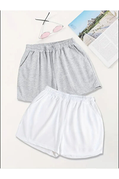 SeusCraft Σετ 2 τεμαχίων Λευκό Γκρι Βασικό Βαμβακερό Κοντό Σορτς - Ψηλόμεσο Π...