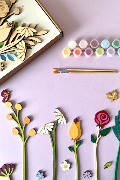 GİNKGODESİGN Ahşap Çiçekler Boyama Seti Hobi,anaokulu Aktivite Evde Etkinlik Çocuk Sanat Seti, Mandala Hobi Seti