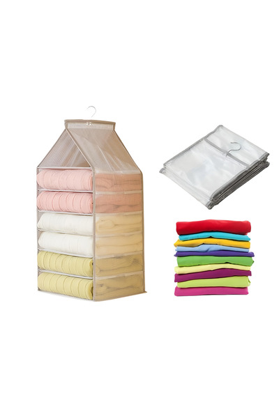 Yelajoy 6-layer hanging wardrobe storage box, large capacity, foldable, easy to clean, with hooks, warm gray