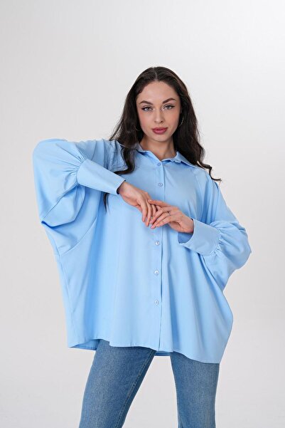 Flame İstanbul Butik Cămașă albastră cu mâneci liliac - SRP2822