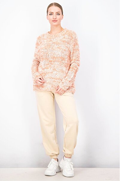 Uterqüe Women Crew Neck Textured Sweater, Coral and Off White