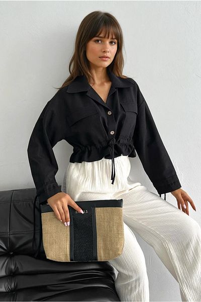 FEMELLE Women's Black Waist Drawstring Fringed 100% Cotton Crop Jacket