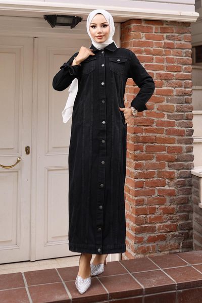 Modamihram Detailed Button Black Ferace Jeans 6122
