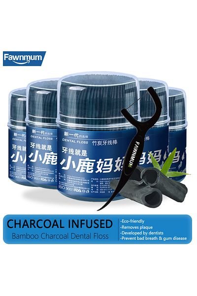Choice 50pcs Fawnmum Dental Cleaning Bamboo Charcoal Dental Floss Picks Barreled Interdental Brush For T...