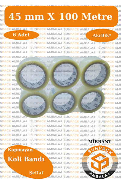 MİR BANT Akrilik Koli Bandı 45mm X 100m Şeffaf (6 Adet) - Kopmayan Güçlü Koli...
