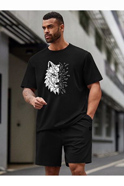 SeusCraft شورت تي شيرت بنمط الذئب - شورت بدلة سفلي أسود تي شيرت مطبوع برقبة د...