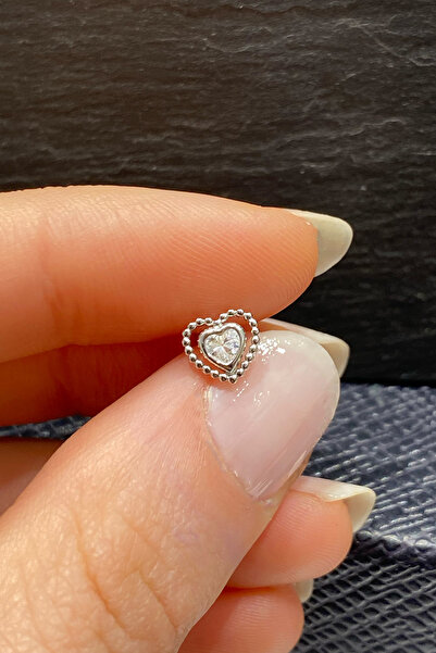 La femme by begum Beyaz Taş Kalp ve Top Çerçeve Arka Top Döndürmeli Silver Gü...