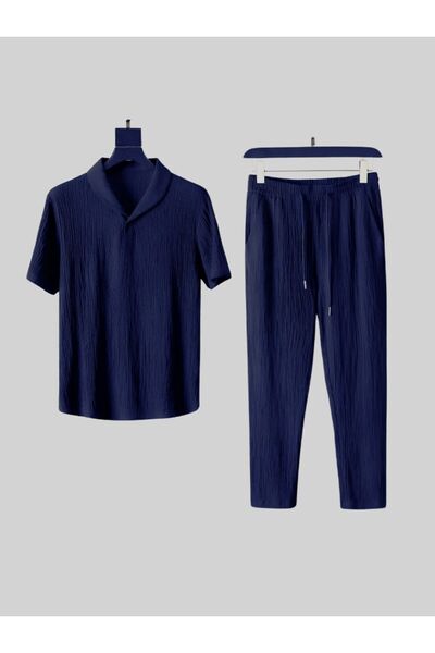 SeusCraft Set pantaloni și tricou Bürümcük Krinkıl - Albastru închis, guler n...