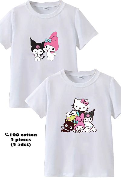 makiteks 2li Ποιότητας Βαμβακερό Χτενισμένο Κοριτσίστικο Μπλουζάκι με στάμπα 5 6 7 8 9 10 11 12 13 14 ετών Lilo Kuromi Hello