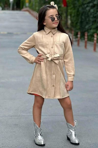 Riccotarz Girl's Belt Detailed Nubuck Jacket Twill Long Sleeve Orange Dress