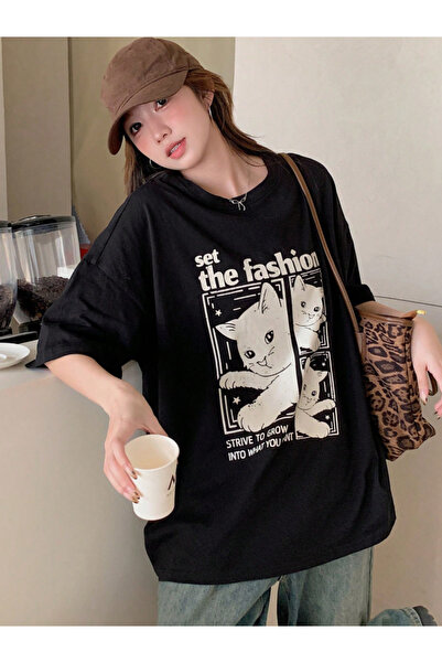 Revasser Unisex Erkek/Kadın SET Özel Baskılı Oversize Pamuklu Bisiklet Yaka T-Shirt