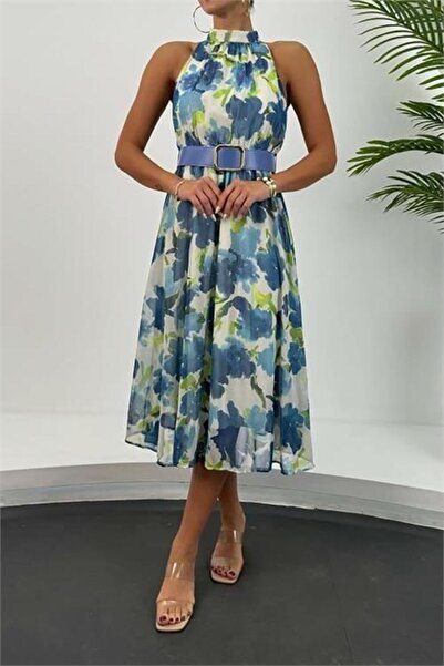 Dipmoda detaliu la curea Rochie personalizată din șifon cu model lungime midi...