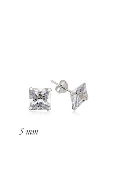 Gumush Silver Square Single Stone Zircon Earrings - 5 mm