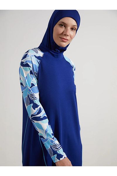 LC Waikiki Lcw Dream Navy Blue Stand Collar Patterned Women's Hijab Swimsuit Set