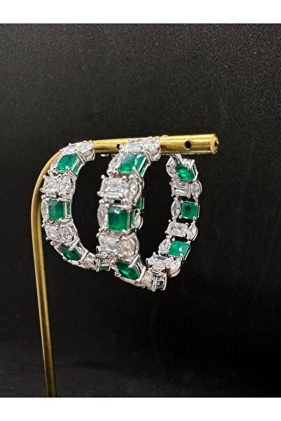 Jewel İTHAL YEŞİL BEYAZ TAŞLI BÜYÜK GÜMÜŞ HALKA KÜPE