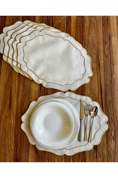 NURHAN HOME COLLECTION 6 Pieces Pearl Grain Embroidered Gold American Service Plate