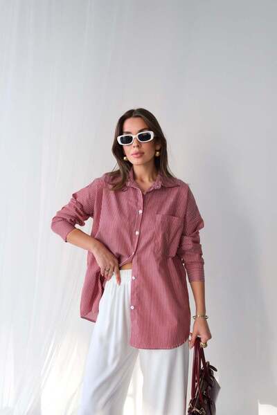 Hatun Atila Trend Çizgili Desen Uzun Kollu Gömlek - Kırmızı Beyaz