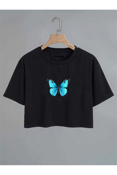 npLStore Tricou Crop cu imprimeu fluture pentru copii