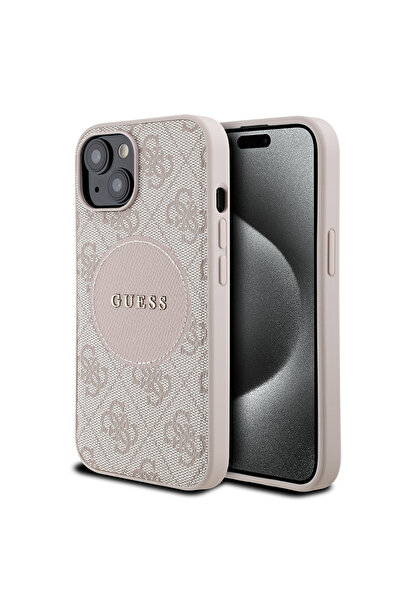 Guess iPhone 15 Kılıf Uyumlu Guess Lisanslı M-safe Şarj Özellikli Yazı Logolu Circle Classic Kapak Pembe