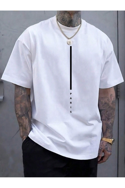 Revasser Unisex Erkek/Kadın UZUN PARİS Özel Baskılı Oversize Pamuklu Bisiklet Yaka T-Shirt