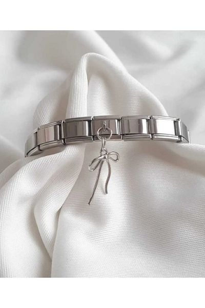 Ervalina Guaranteed Italian Charm Steel Bracelet and Ribbon Charm Silver Color